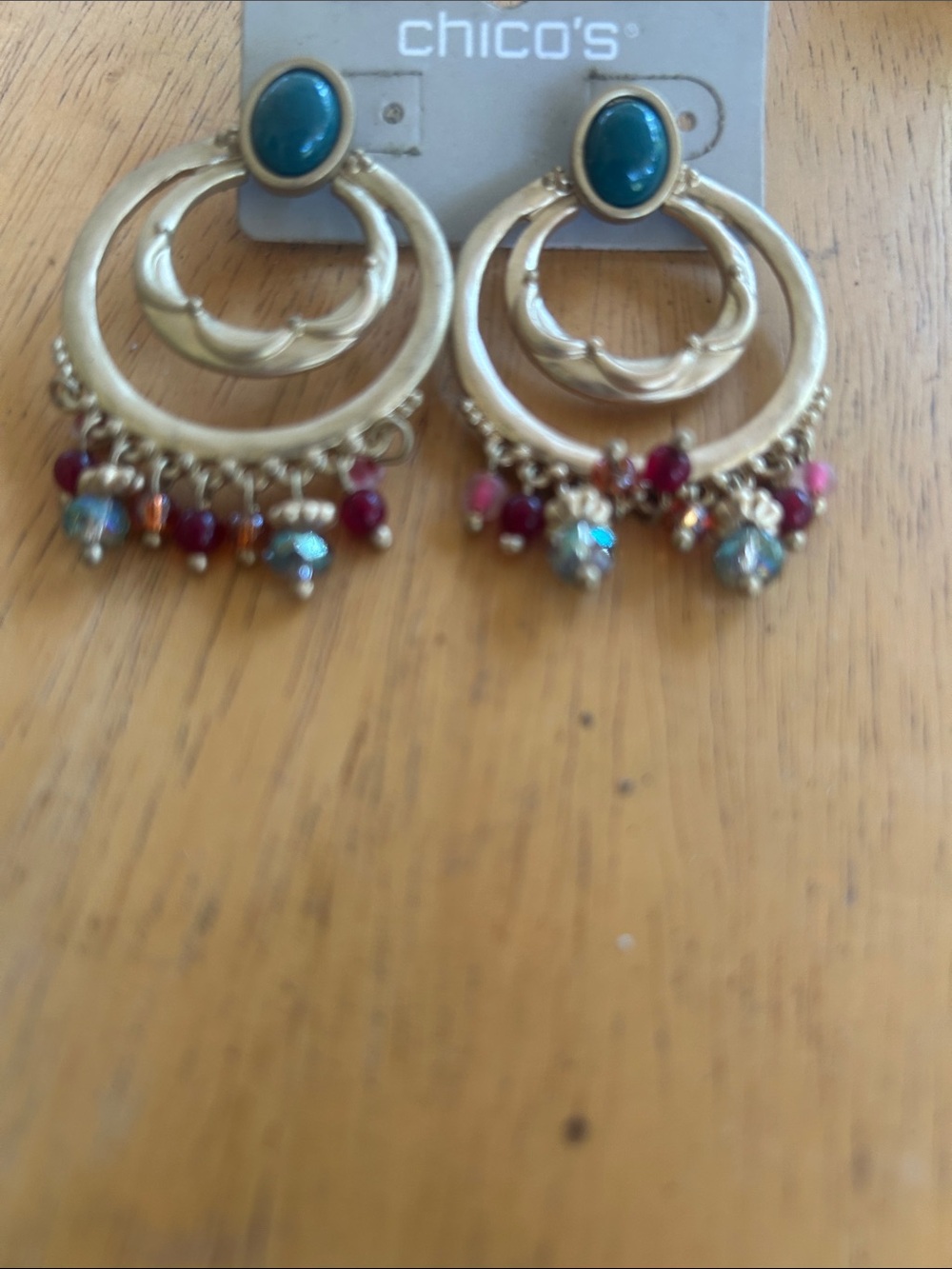 Chico's Gold-Tone Hoop Earrings with Teal Stone and Multicolor Beads
